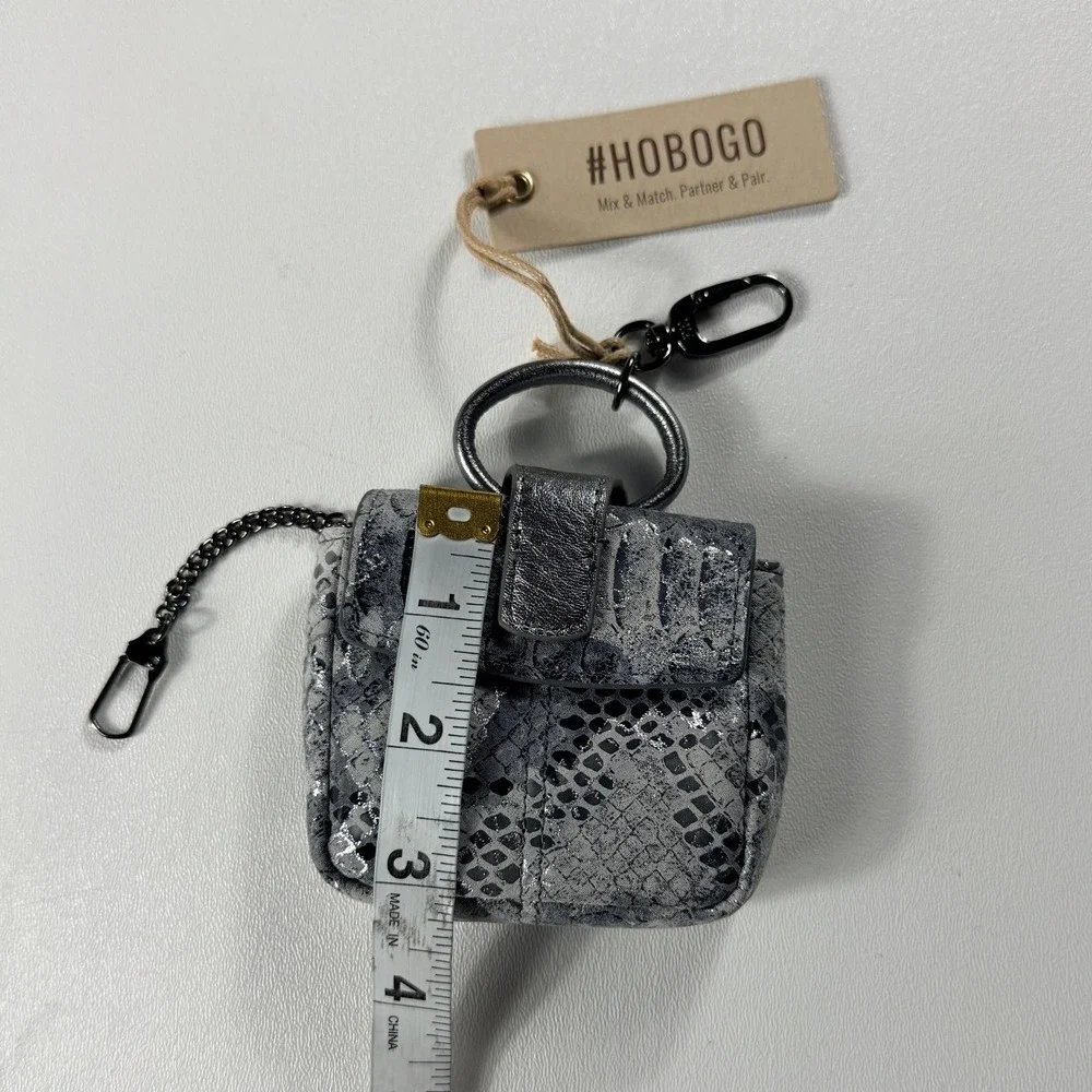 Hobo Silver Snakeskin Leather Mini Bag Charm‎ Pouch O-Ring Handle New